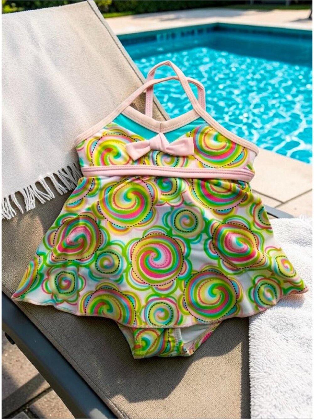 Baby Girls Swirl Patterned One-Piece Swimsuit With Bow Accent & Skirt Overlay